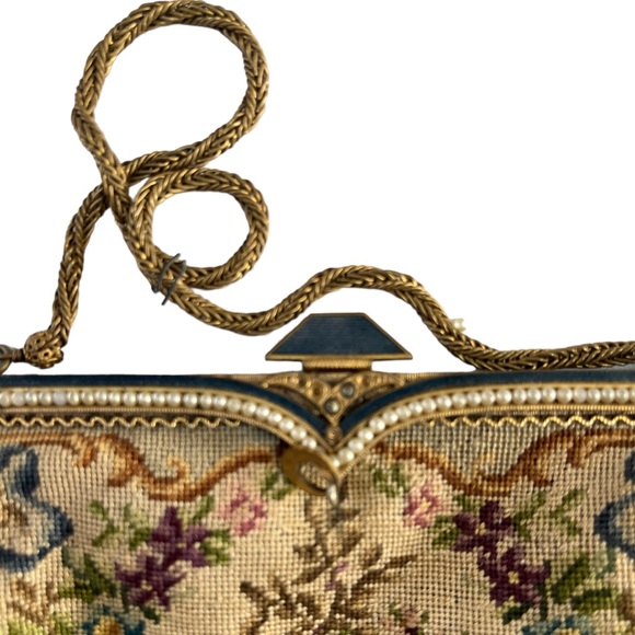 Vintage Petit Point Needlepoint Victorian Flowers Garden Purse Evening Bag - Picture 3 of 7